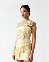 Crochet Floral Appliqu¨¦ Mini Dress - Yellow