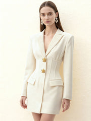 Gold Button Fitted Blazer Dress ¨C White