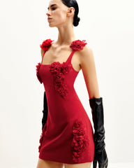 Elaina Pink Rosette Applique Mini Dress - Red