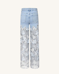 Embroidery High Rise Wide Leg Lace Denim Jeans With Rhinestone - Light Blue