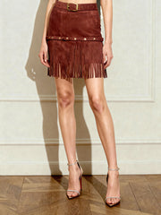 Western-Style Sueded Fringe Skirt - Burgundy