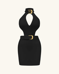 Gabriella Belted Cutout Halter Mini Dress - Black