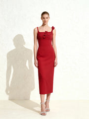 3D Floral Appliqu¨¦ Square-Neck Sheath Midaxi Dress - Red