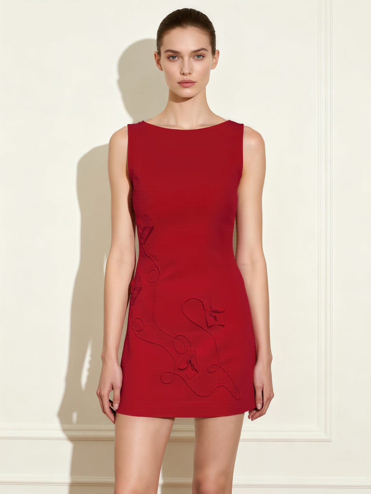 3D Floral-Appliqu¨¦ Sheath Mini Dress - Red