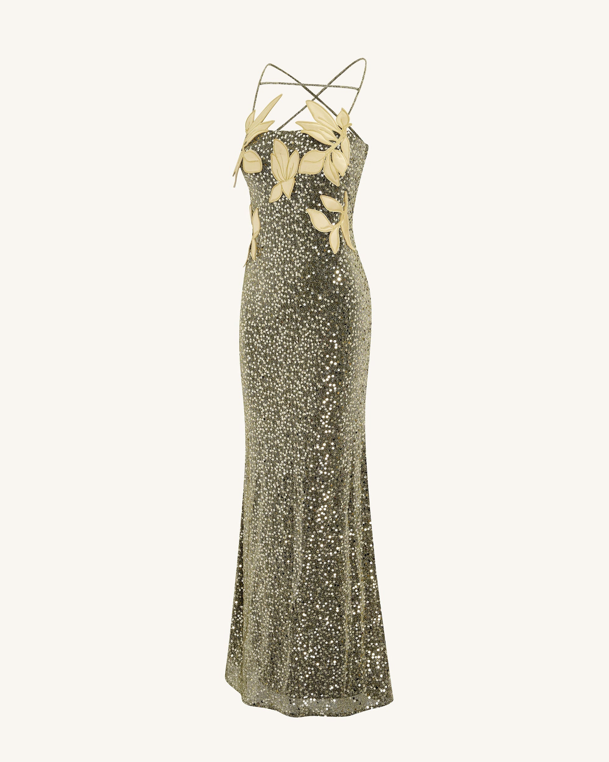 Araminta Sequined Gown with Floral Details - Gold
