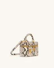 Cleo Snake-Embossed Box Shape Top Handle Bag - Beige