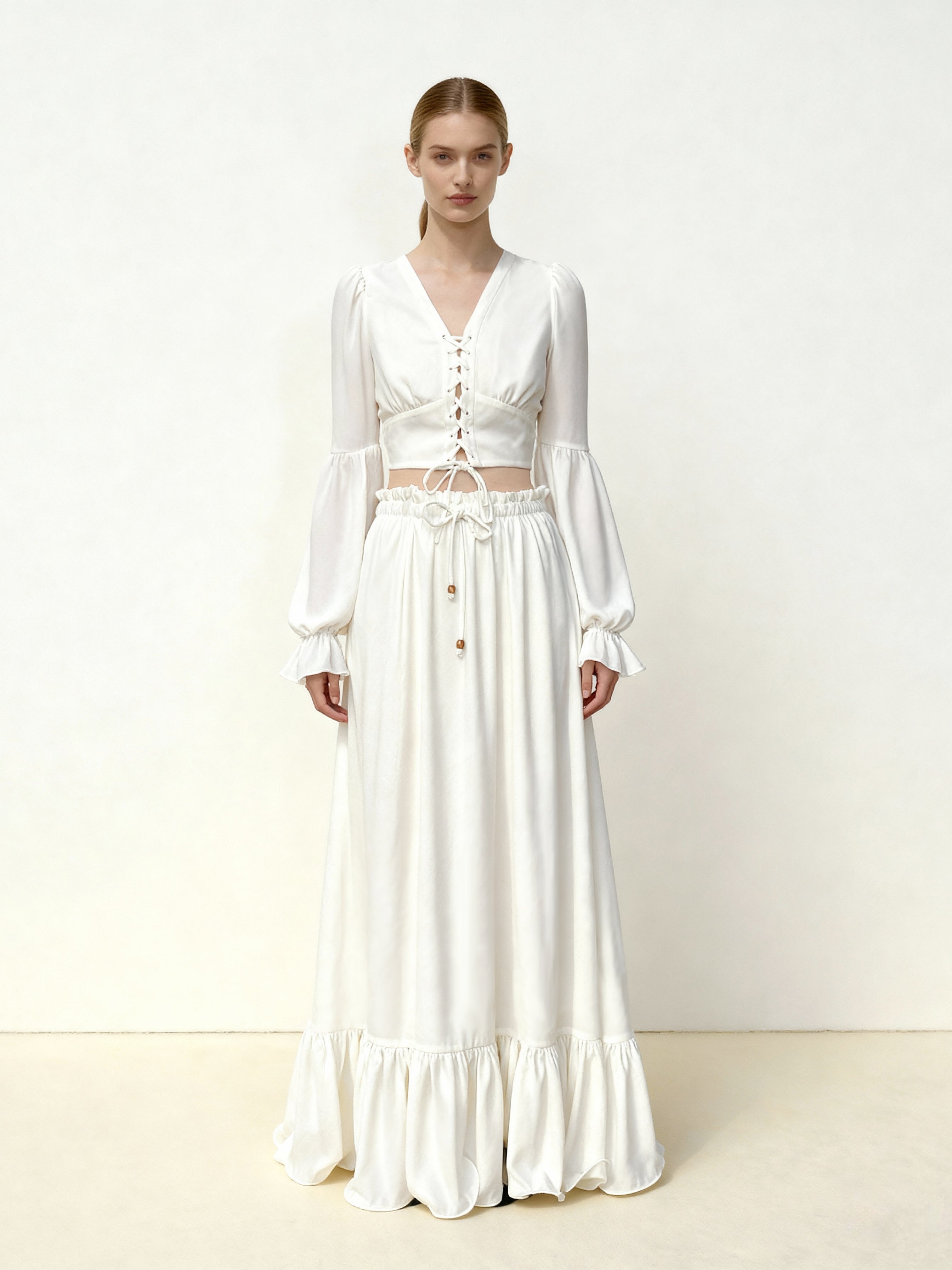 Chiffon Lantern-Sleeve Tie-Front Cropped Blouse - White