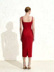 3D Floral Appliqu¨¦ Square-Neck Sheath Midaxi Dress - Red