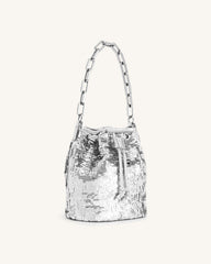 Yulia Metallic Sequin Bucket Bag - Silver