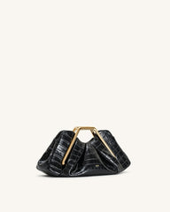 Lila Faux Croc-Effect Metal Frame Clutch - Black