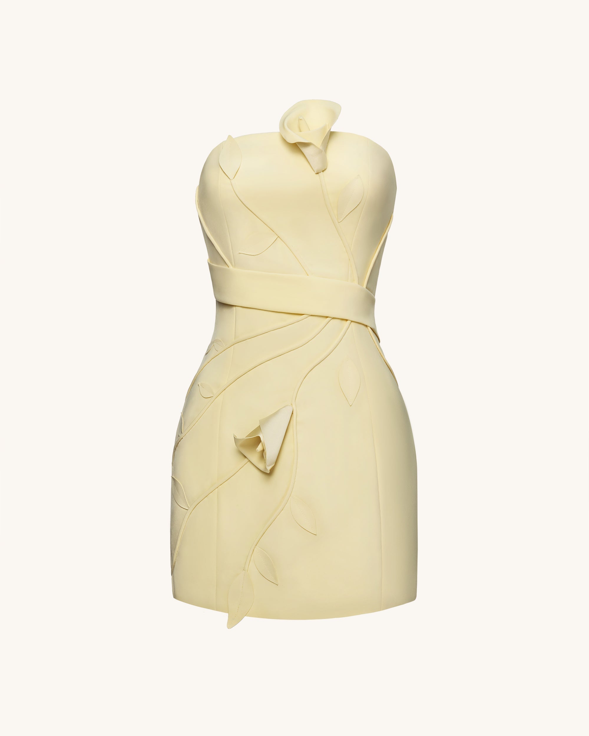 3D Floral Appliqu¨¦ Strapless Mini Dress - Yellow
