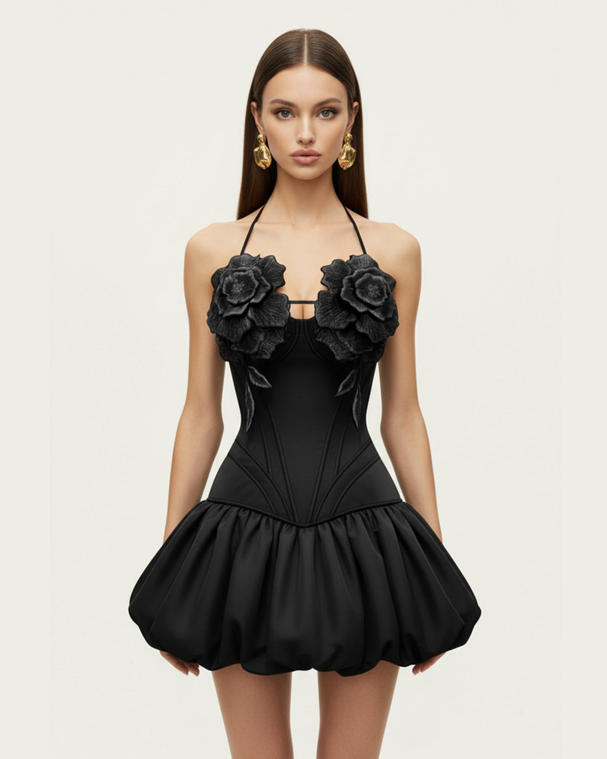 3D Floral Halter Mini Dress - Black