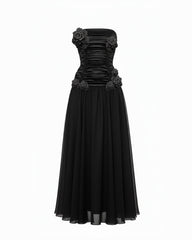 3D Floral Strapless Maxi Dress - Black