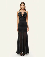 3D Floral Strappy Mesh Maxi Dress - Black