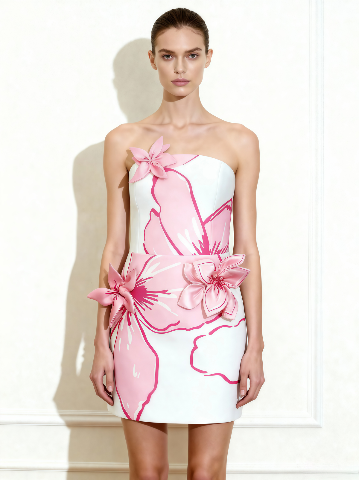 Mini Dress with Pink Floral Appliqu¨¦s - White/Pink