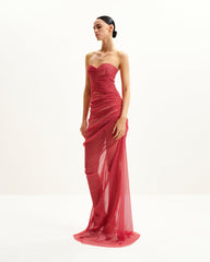 Mia Strapless Sheer Glitter Gown - Scarlet