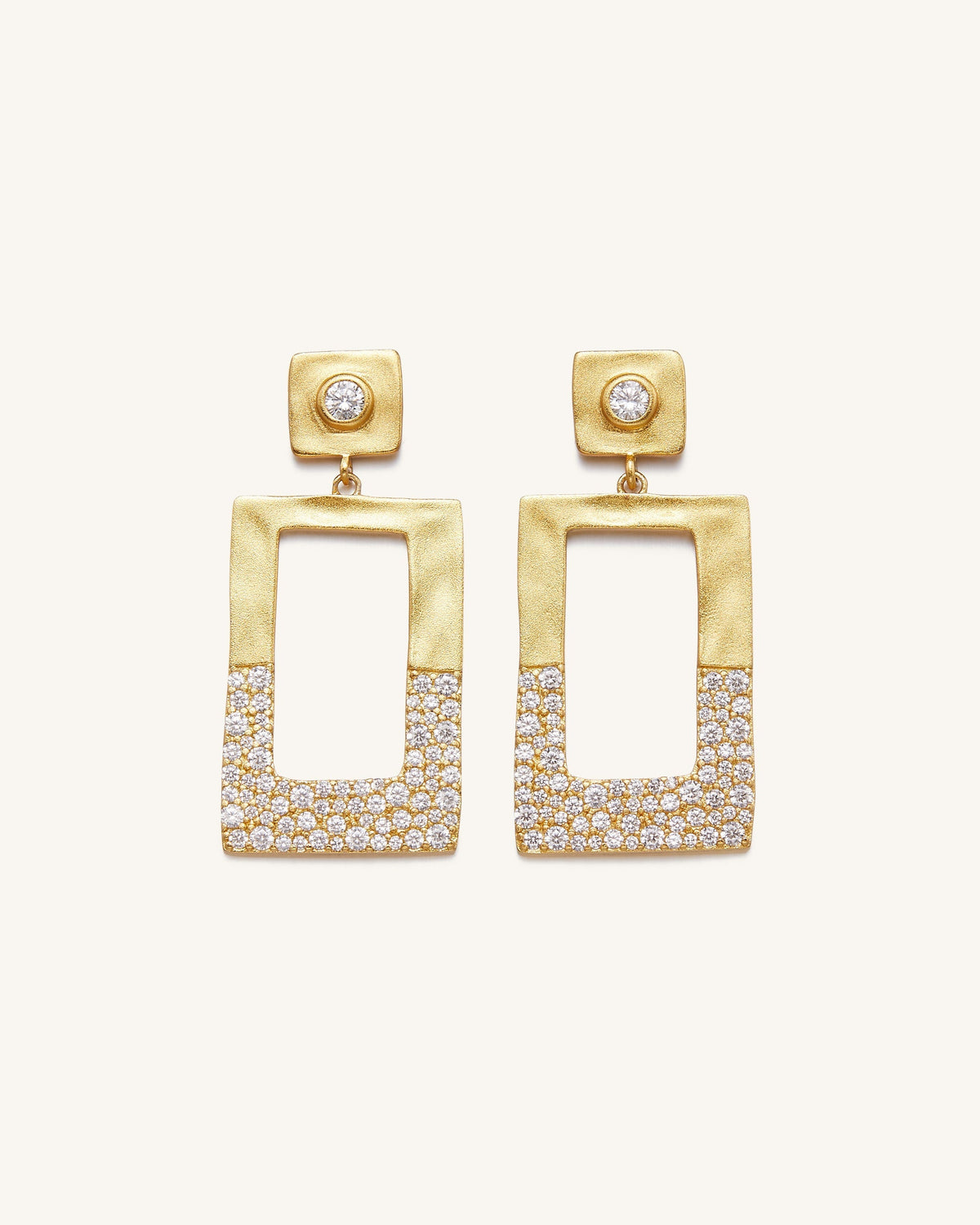 Geometrical Openwork Rectangle Earrings - 18ct Gold Plated & White Zircon