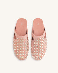 Athena Artificial Crystal Flat Mules - Pink Beige