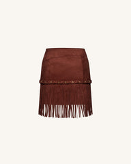 Western-Style Sueded Fringe Skirt - Burgundy