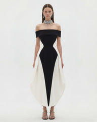 Monochrome Paneled Fold-Over Off-Shoulder Maxi Dress - Black