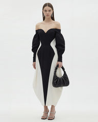 Monochrome Paneled Off-Shoulder Puff Sleeve Maxi Dress - Black