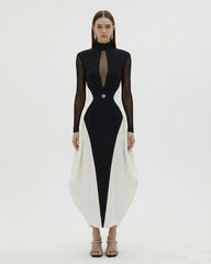 Contrast Paneled Mesh Sleeve Hourglass Midi Dress - Black