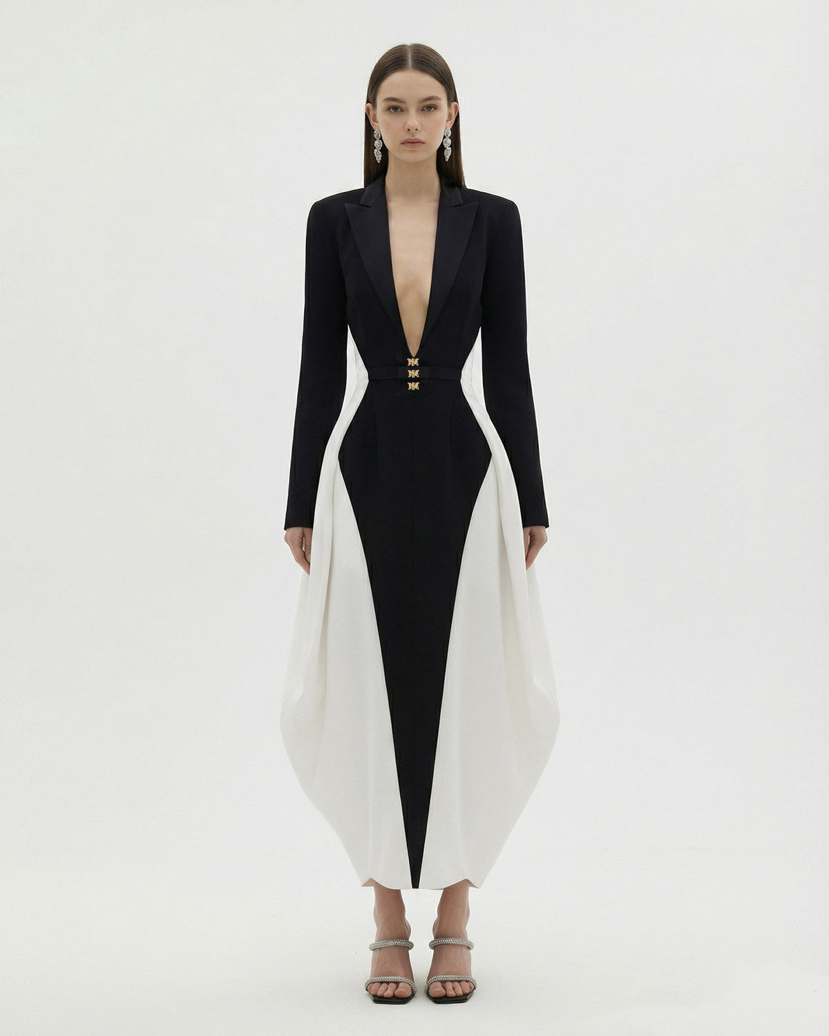 Contrast Paneled Plunging V-Neck Hourglass Midi Dress - Black