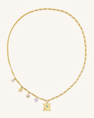 Cosmos Square Multi Charm Necklace - 18ct Gold Plated & Turquoise & Multicolor Zircon & Purple Beads